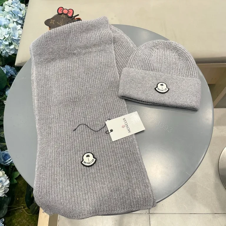 View 9 of Cozy Knit Beanie & Scarf Set â€” Moncler Luxe, Gray, Premium Knit