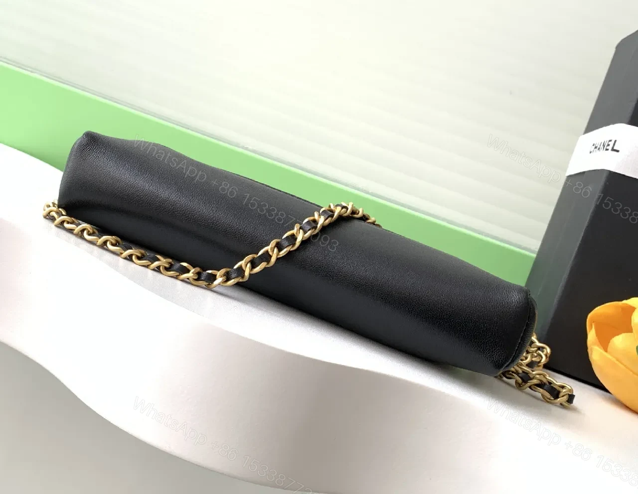 View 3 of Quilted Satin-Trim Handbag with Gold Chain