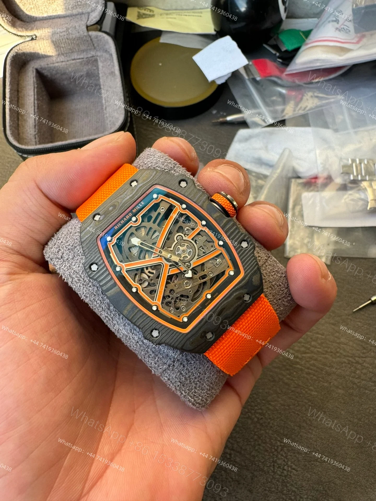 View 10 of Super Clone Richard Mille RM67-02 Carbon TPT Skeleton Tourbillon 1:1 Replica Watch with Orange Strap