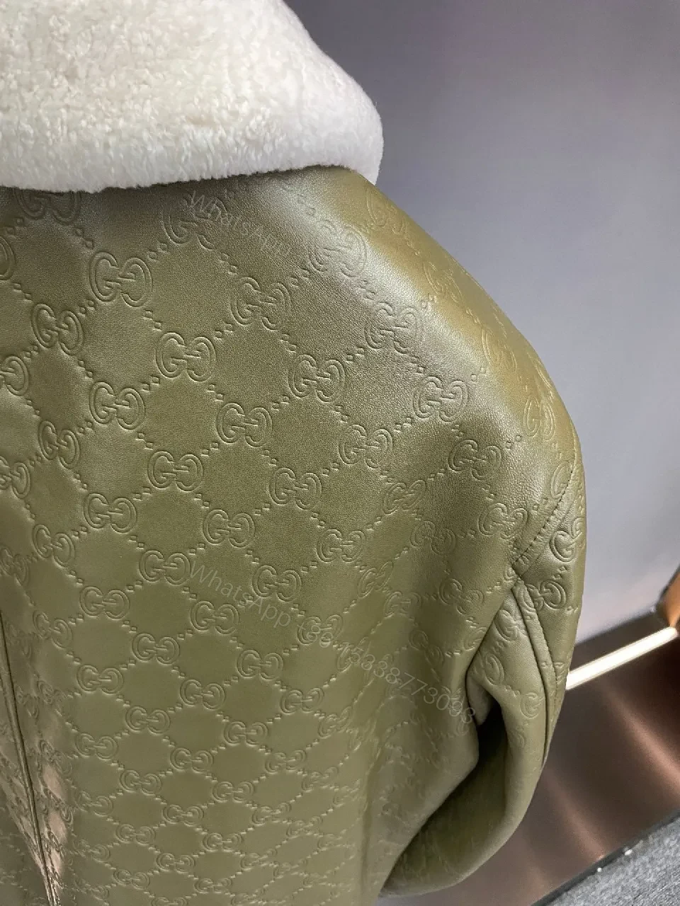 View 8 of Olive Quilted Jacket with Off-White Shearling Collar
