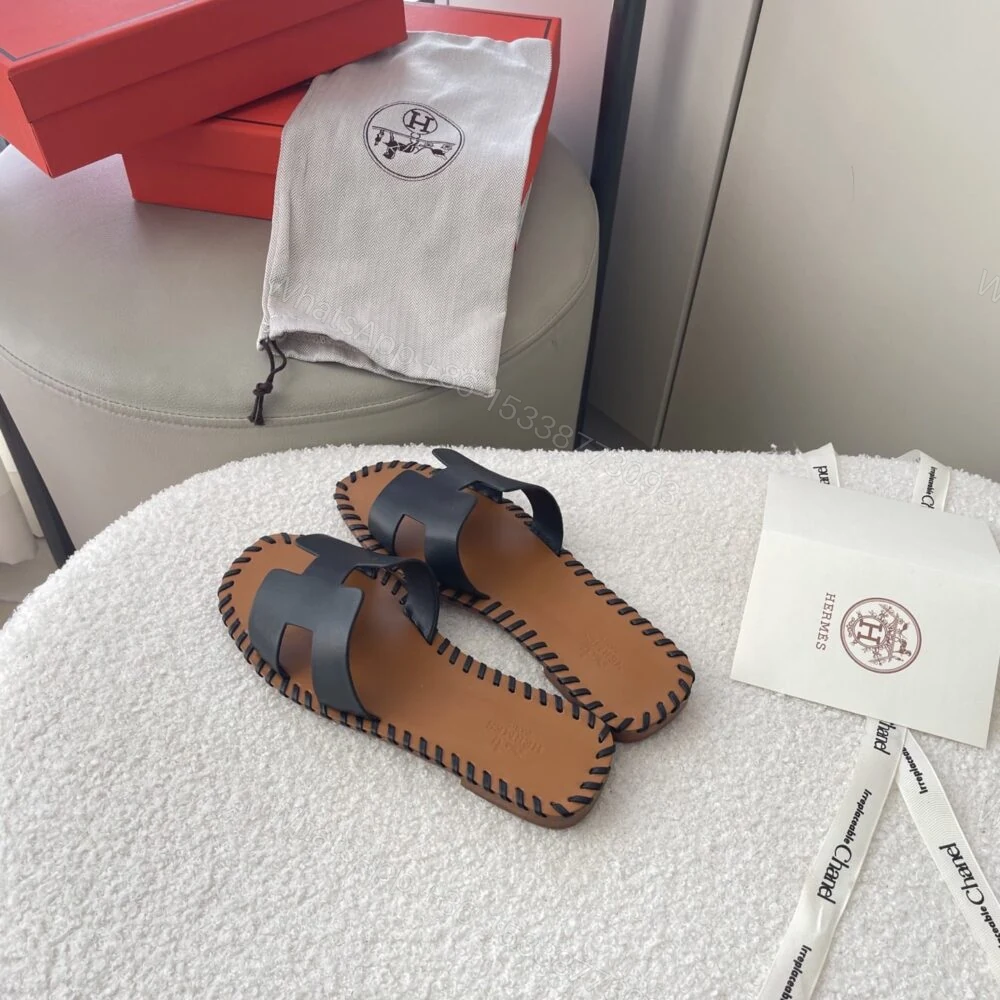 View 2 of Hermes Oran Sandals Stitching In Black And Brown