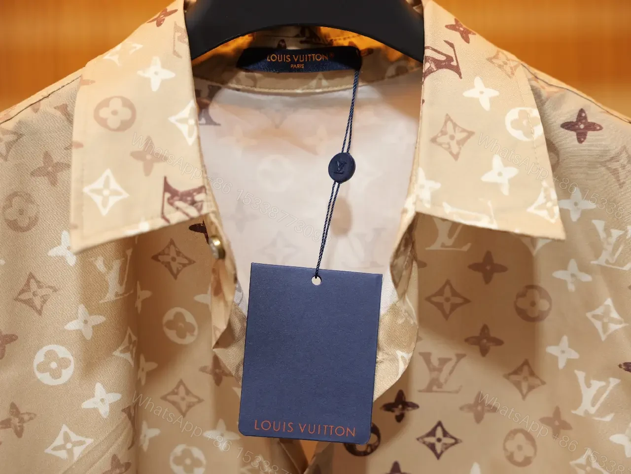 View 4 of Light Beige LV Monogram Short-Sleeve Shirt with Button Placket