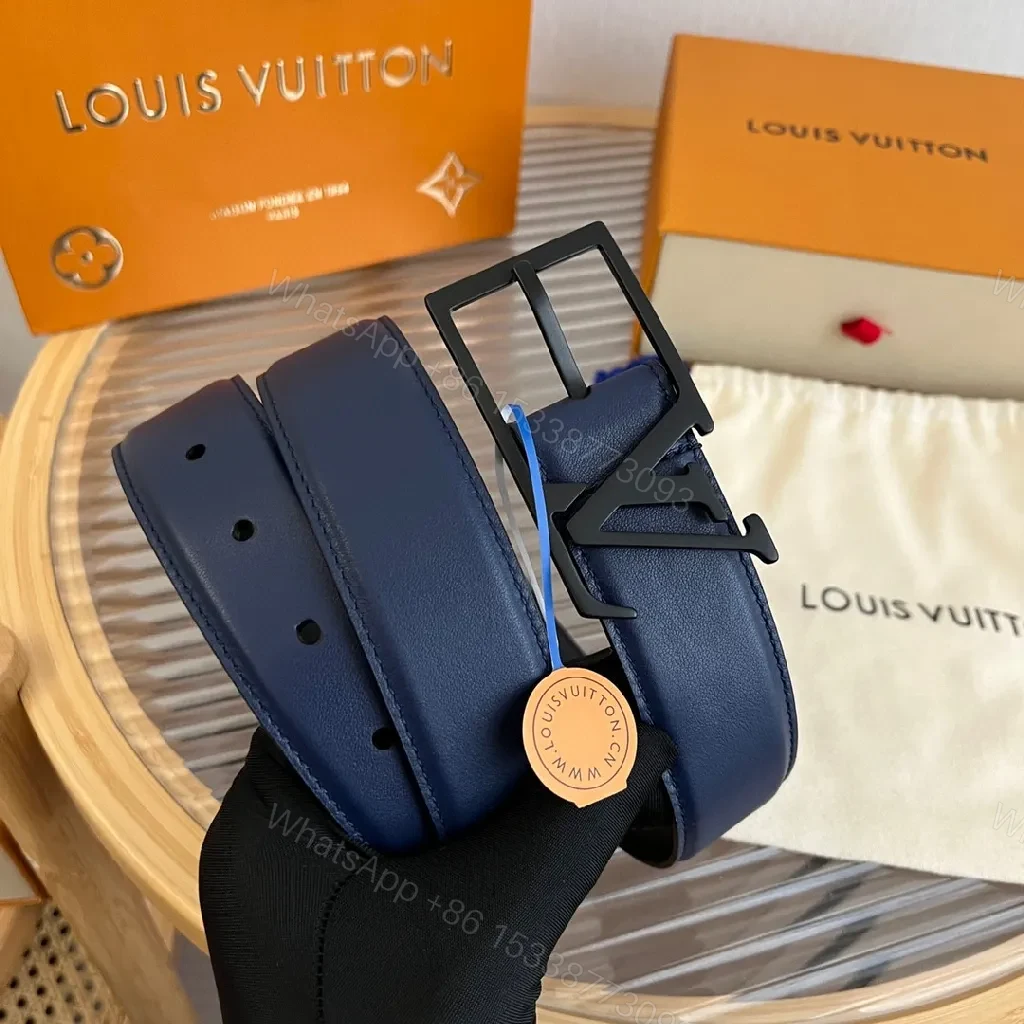 View 9 of Chic Navy Leather Belt with LV Buckle