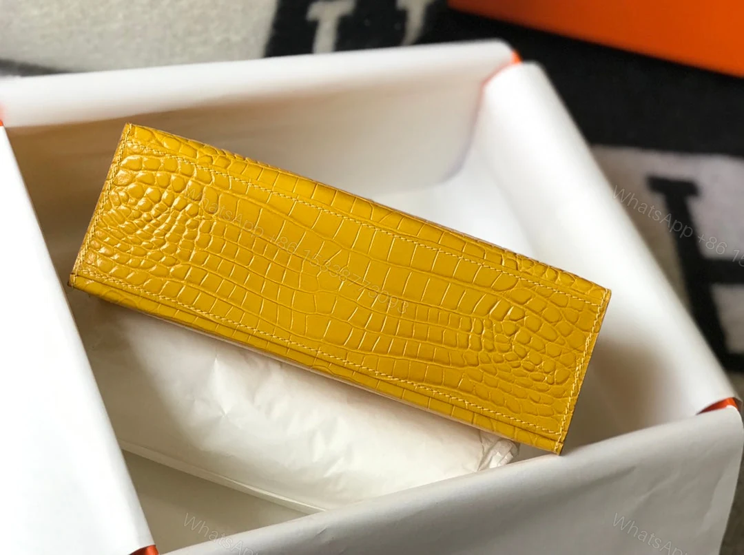 View 6 of H MINI KELLY POCHETTE CROCODILE GOLD TONED HARDWARE YELLOW 22CM