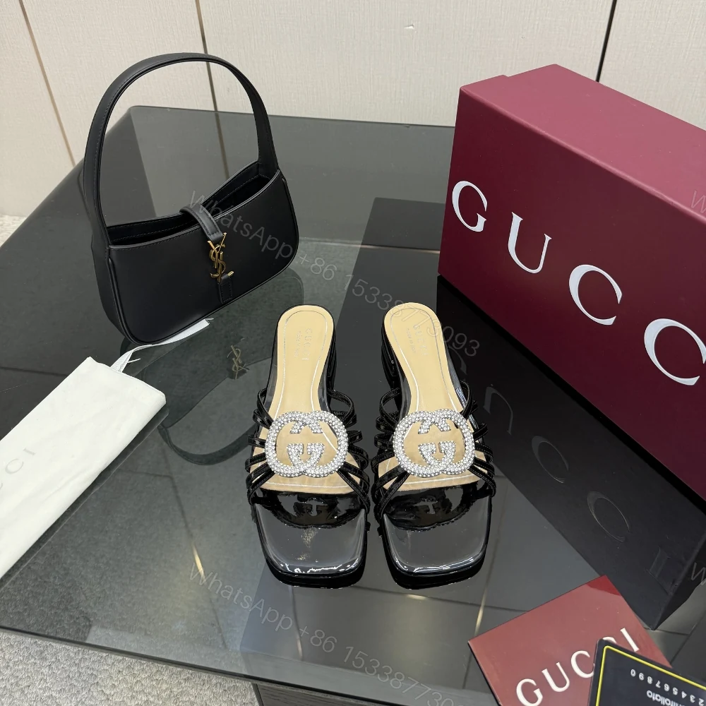 View 3 of Gucci Women Slide With Crystal Interlocking G Black