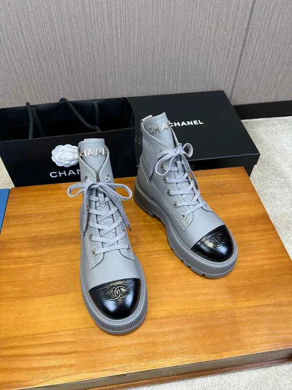 View 3 of Chanel-Inspired Gray Lace-Up Boots with Black Cap Toe