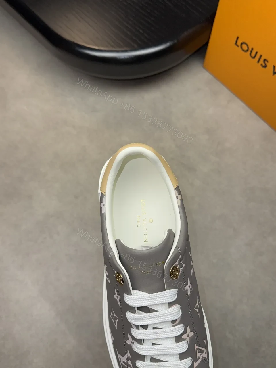 View 8 of Grey Monogram Leather Sneakers with Metallic Accents
