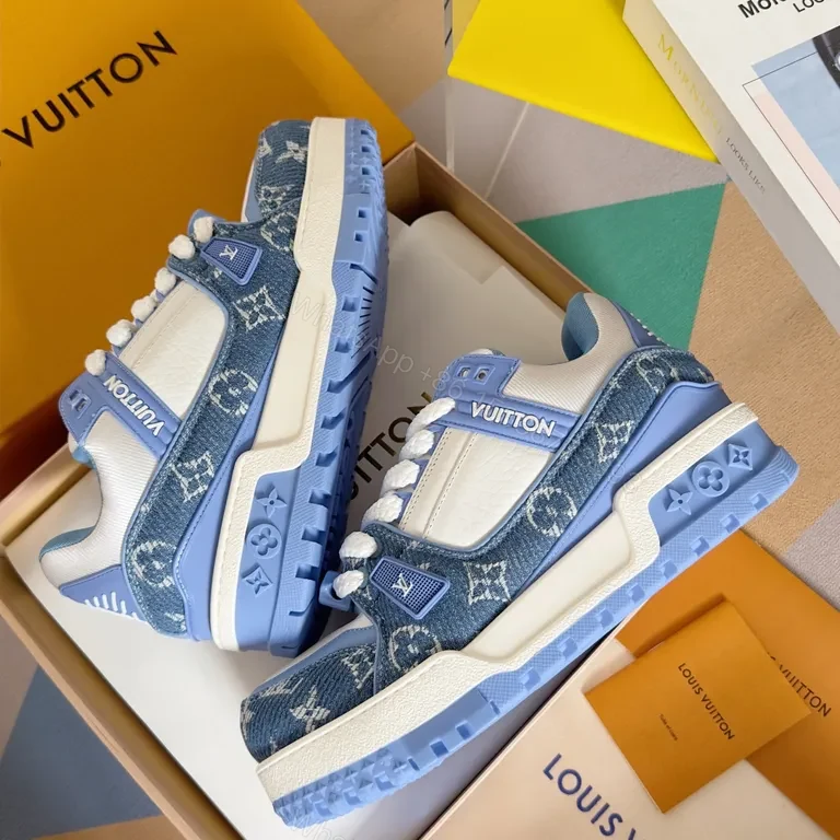 View 4 of Louis V Luxe High-Top Sneakers: Light-Blue Leather with LV Details