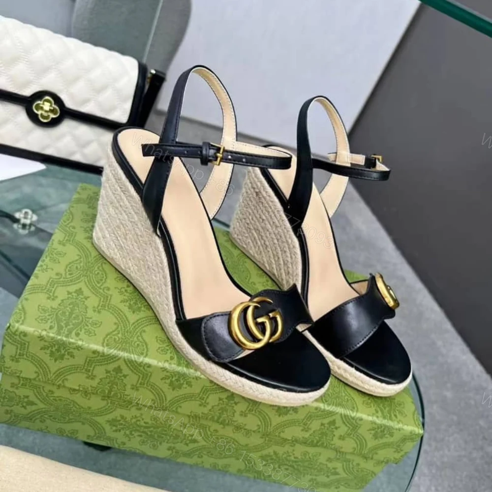 View 4 of Gucci Wedge Espadrille Sandals Black 8Cm