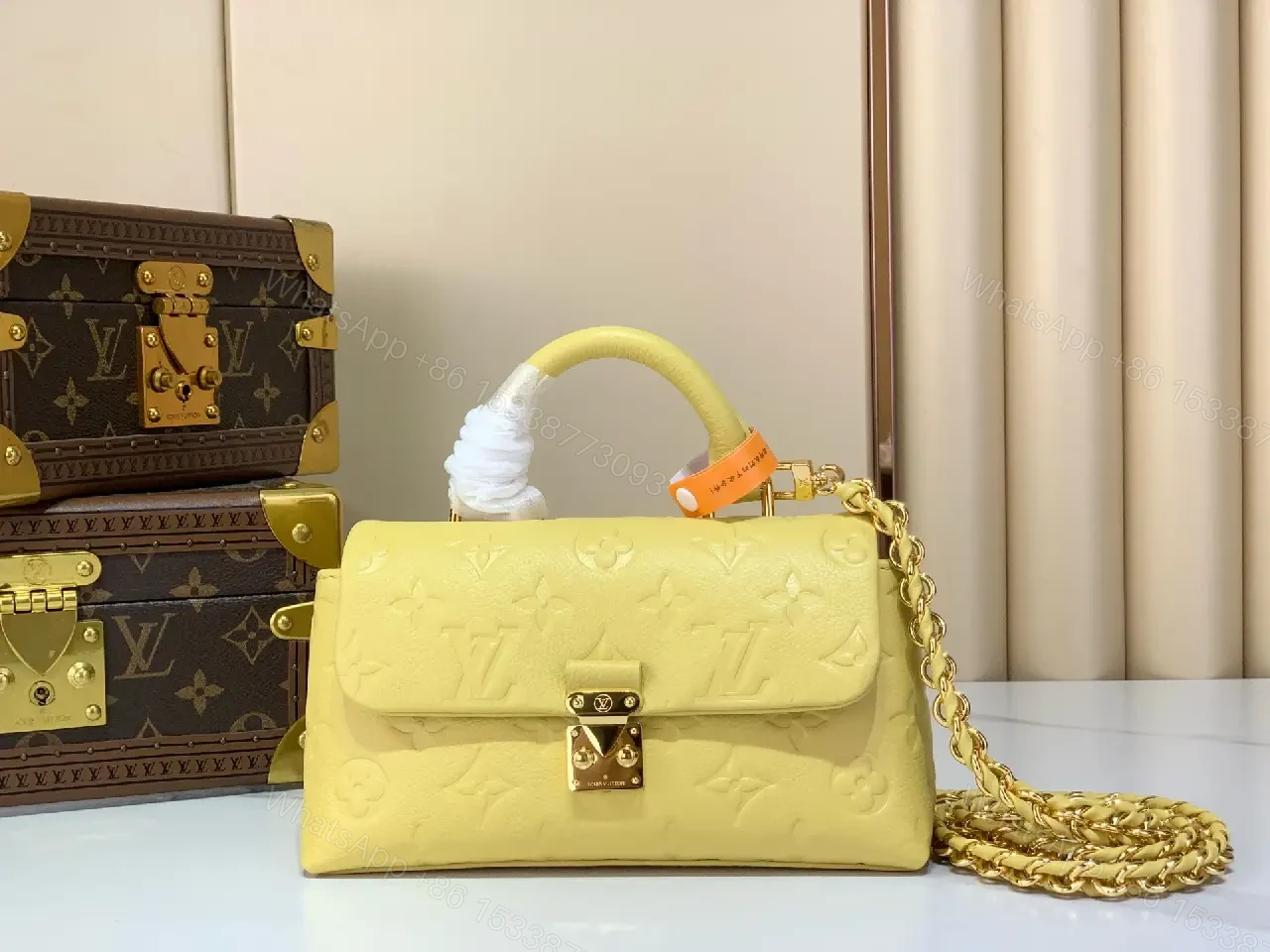 View 6 of Pale Yellow Embossed Satchel: Lux Vintage Top-Handle Bag