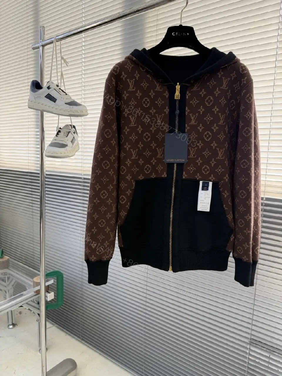 View 8 of Black Zip Hoodie Jacket - Luxury LV-Inspired Accent, Black, Cotton Blend, Modern, Everyday Wear