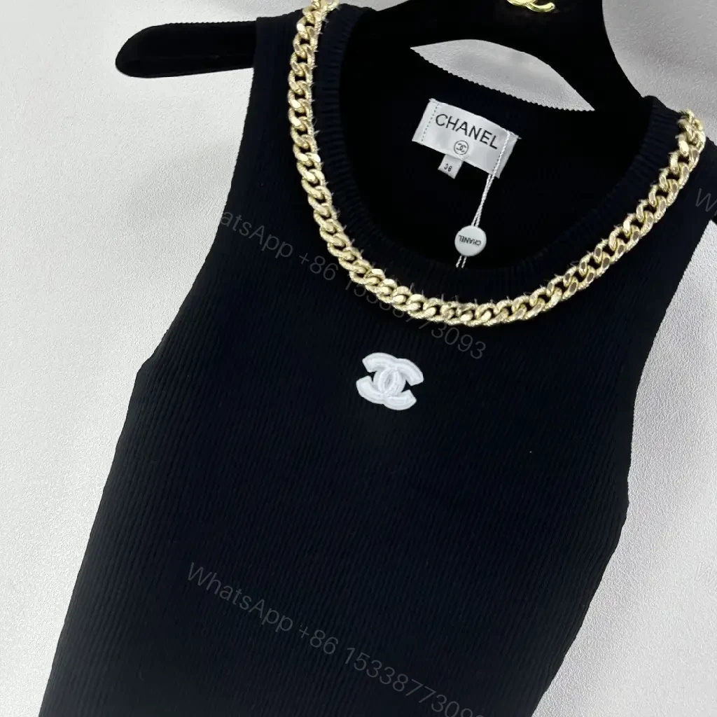 View 4 of Black Knit Tank with Gold Chain - Luxe Statement Top