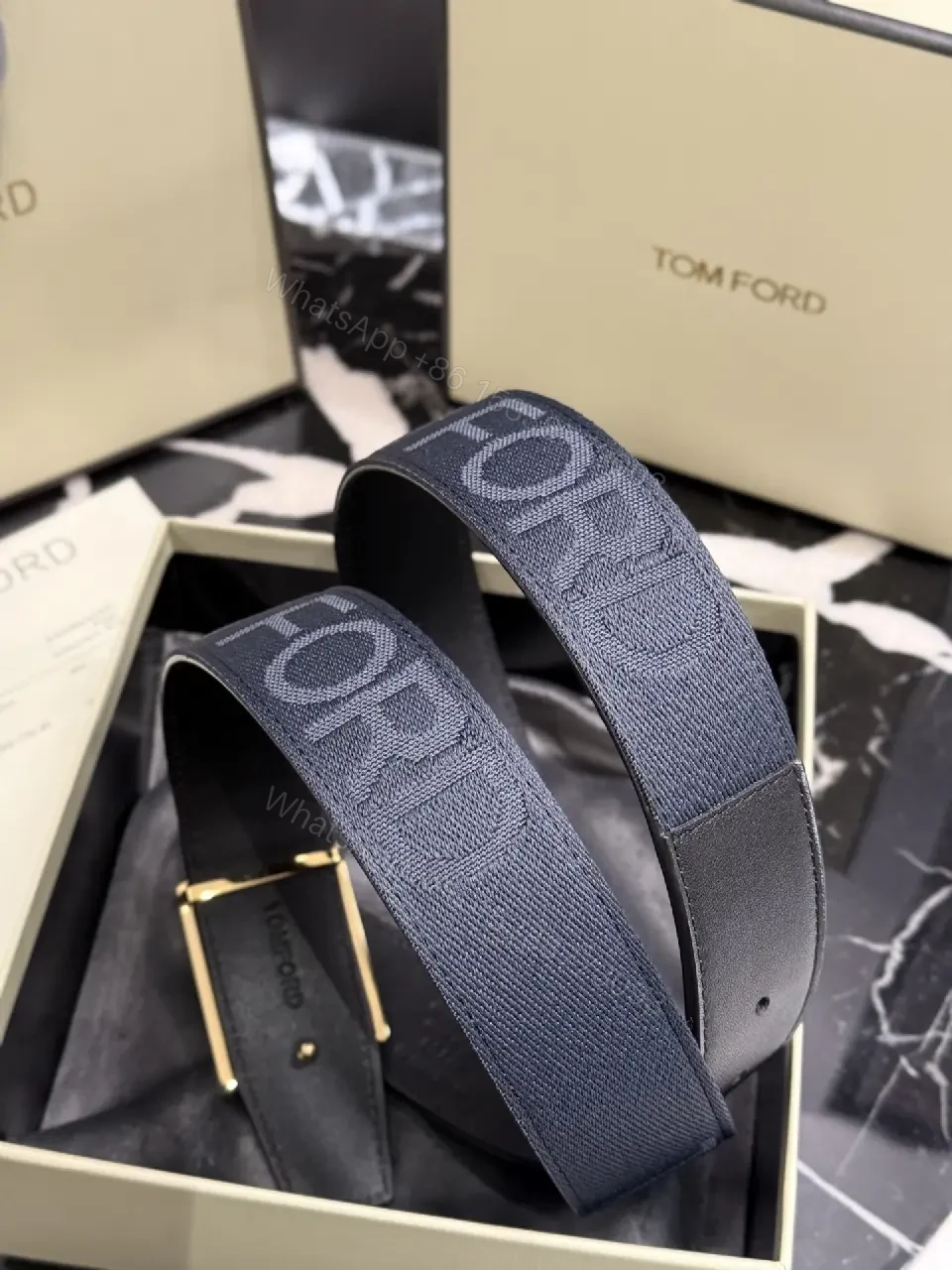 View 4 of Navy Leather-Texture Belt with Champagne Hardware