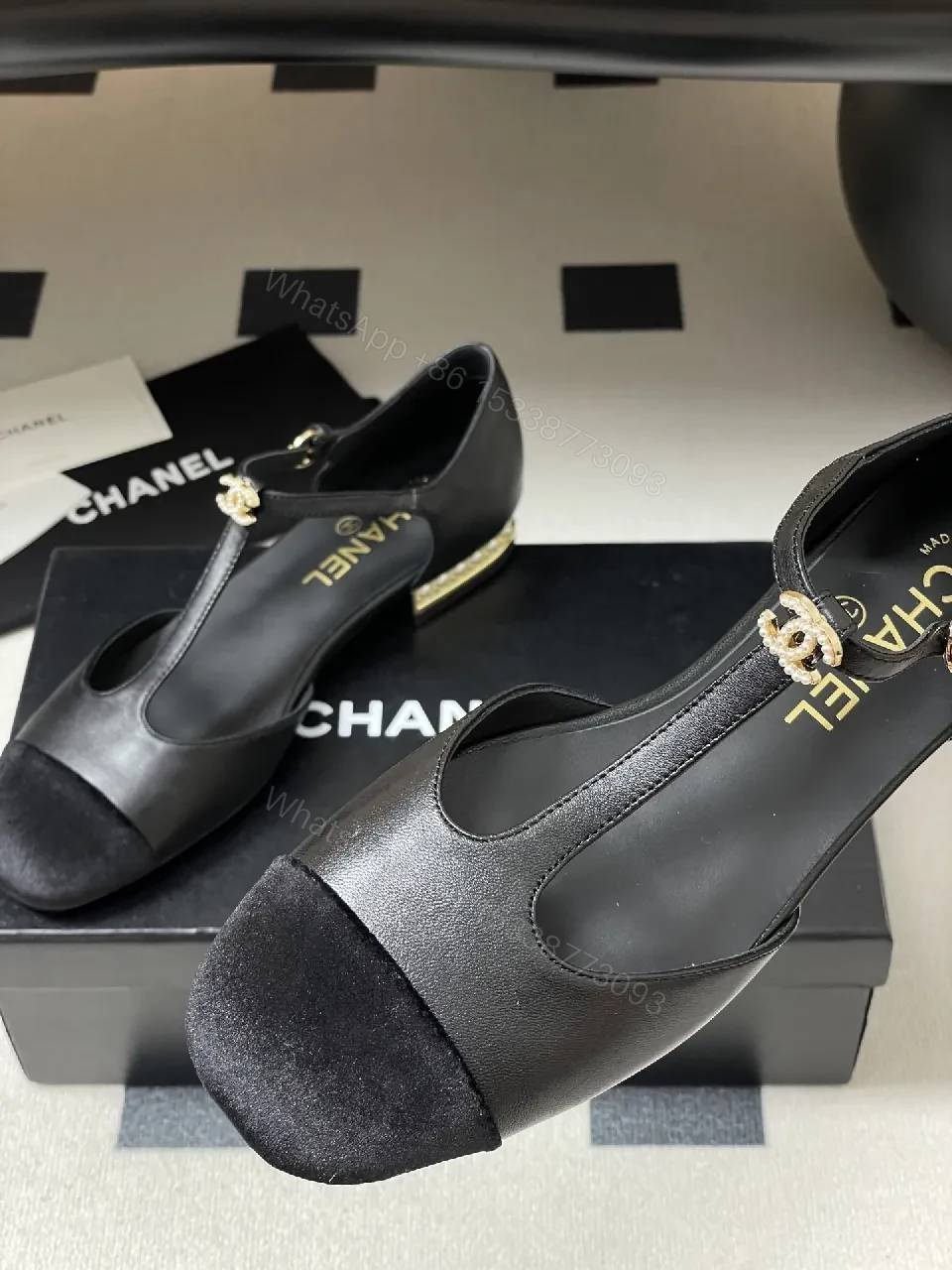 View 3 of Chic Black Suede T-Strap Pumps with Pearl Clasp