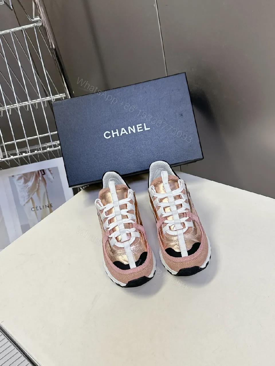 Metallic Rose-Pink & White Sneakers: Couture-Style Everyday Luxury — view 1