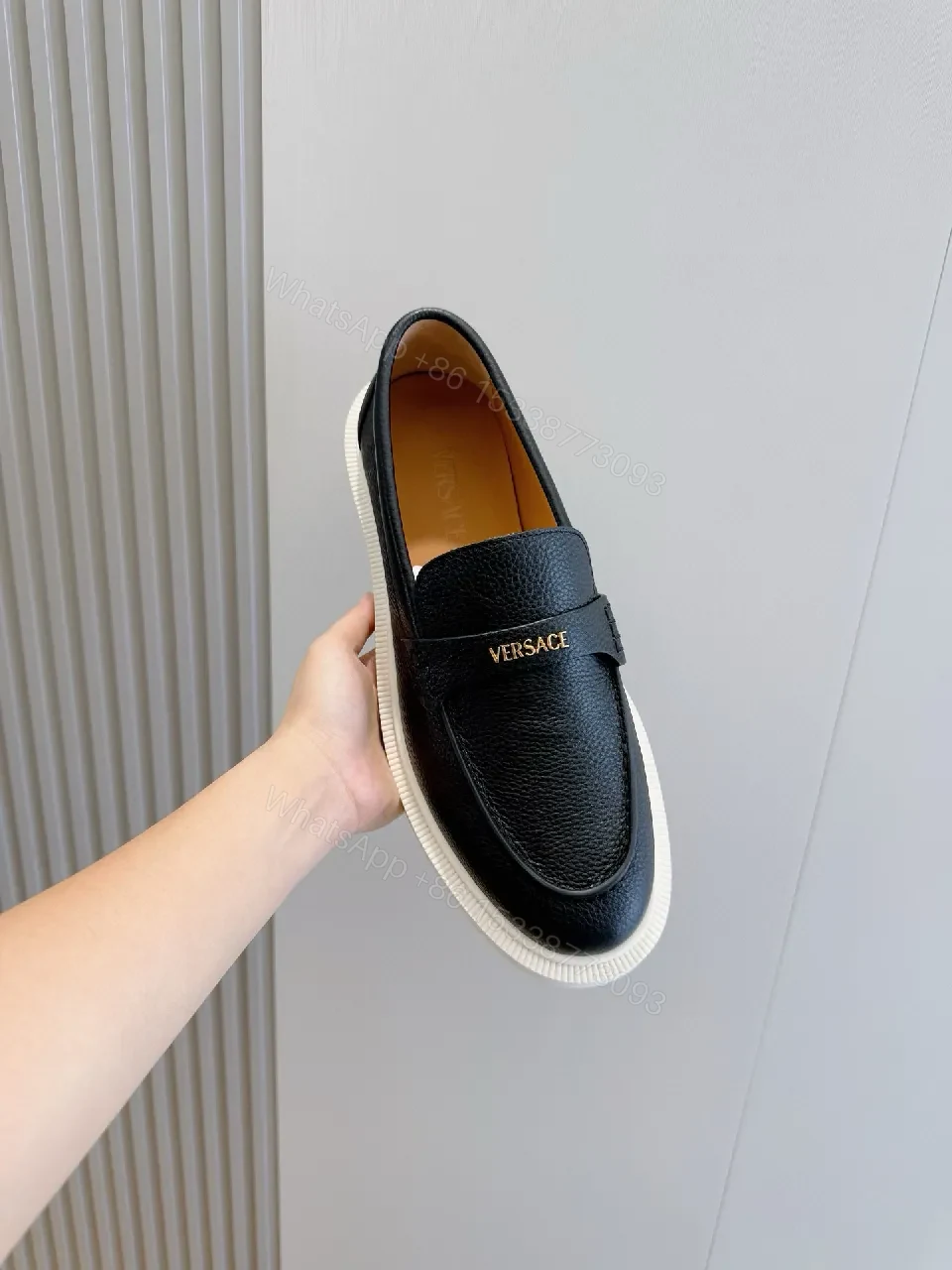 View 2 of Navy Leather Penny Loafers with Gold Hardware & White Sole