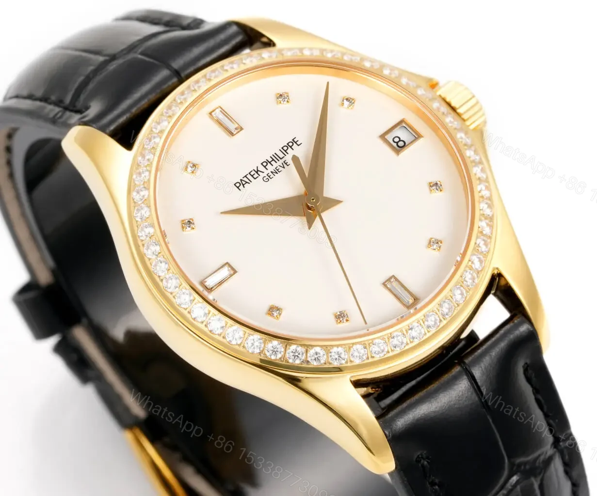 View 3 of Patek Philippe Calatrava Diamond Watch Gold Case Leather Strap Ultimate 37MM PP-CALA-DIA-GOLD37
