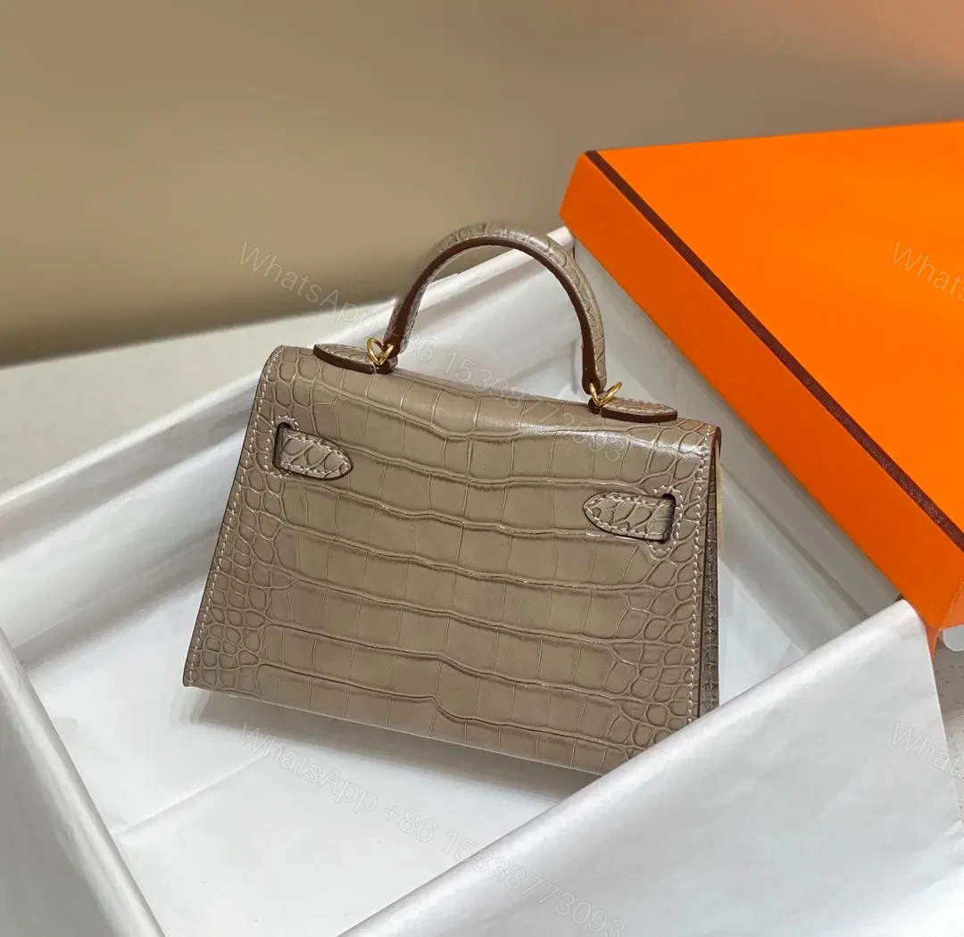 View 2 of HN MINI KELLY IN MOCHA BROWN CROCODILE SKIN GOLD HARDWARE