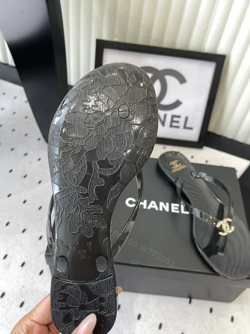 View 10 of Black Leather Plastic Sandals Classic Gold Chanel Logo Sandals