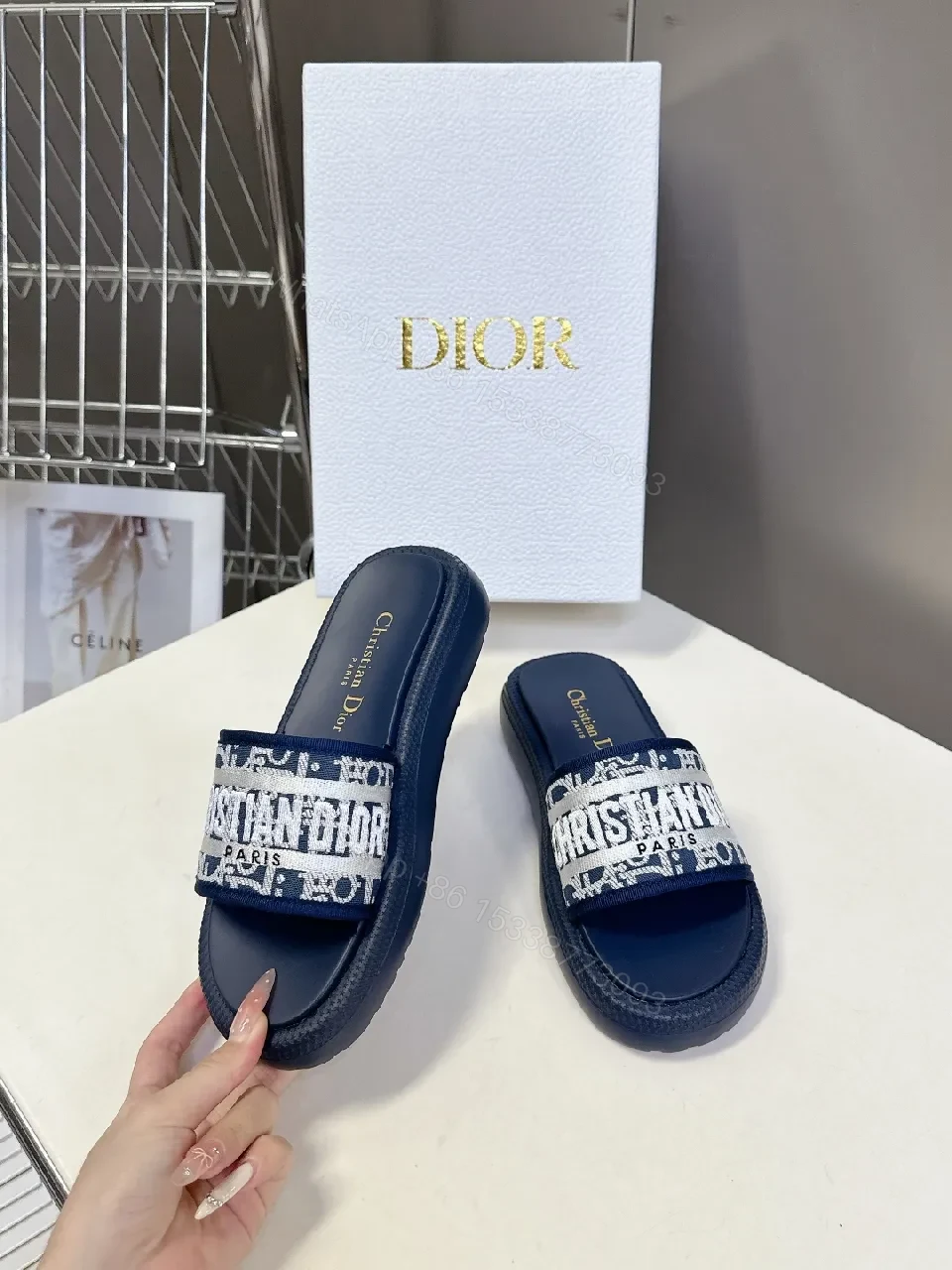 View 2 of Textured Navy Slides: Wide Logo Strap, Elevated Comfort
