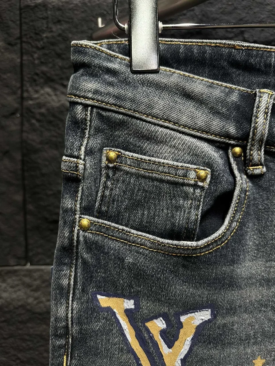 View 4 of Distressed Indigo Jeans with LV-Inspired Embellishments - Denim Luxe style