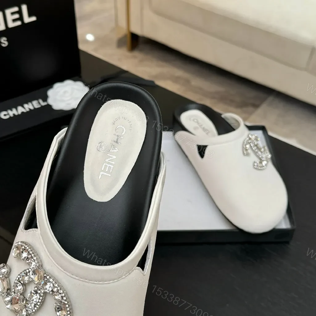 View 5 of Light-Gray Satin Mules with Crystal Emblem - Subtle Glamour