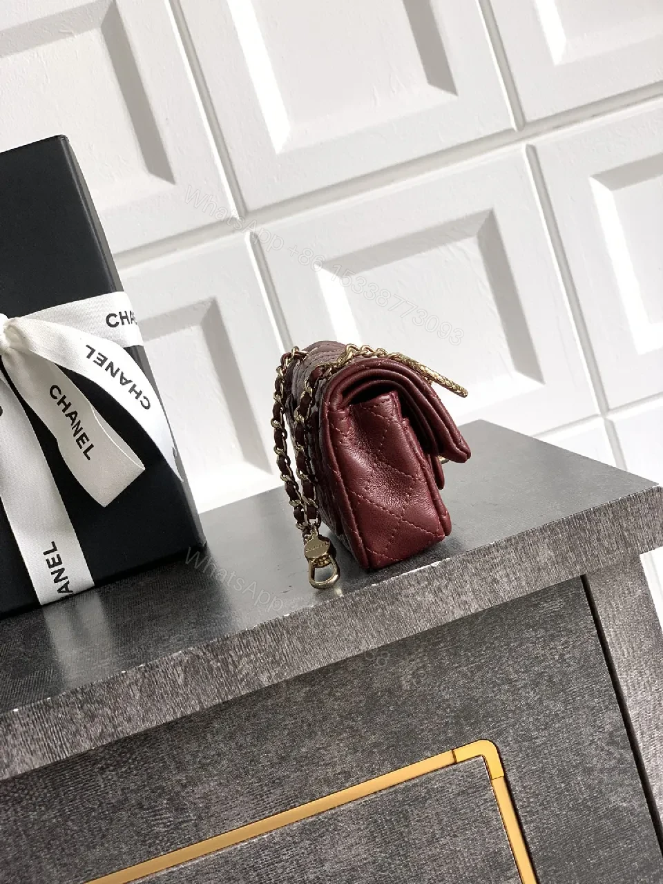 View 3 of Burgundy Quilted Leather Wallet-On-Chain Bag