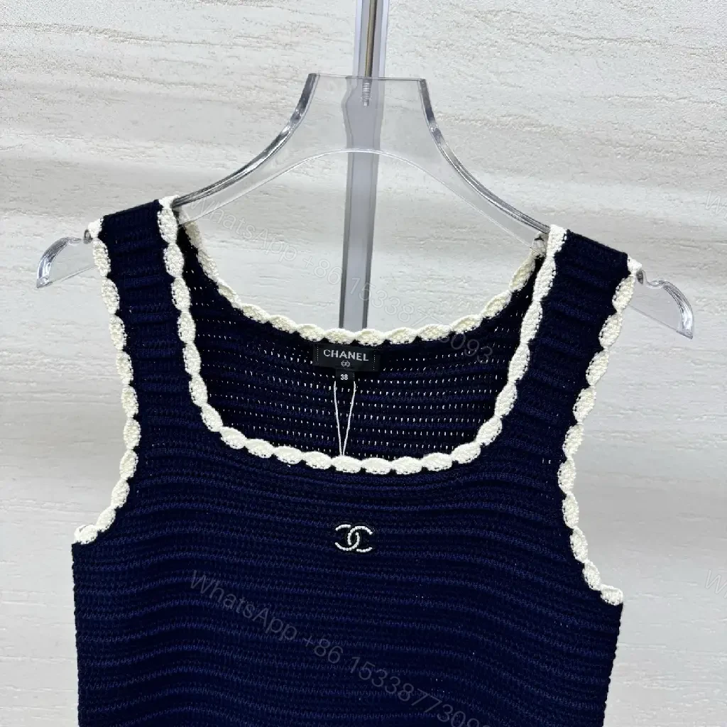 View 10 of Navy Knit Tank with Ivory Trim – Textured Luxury Top