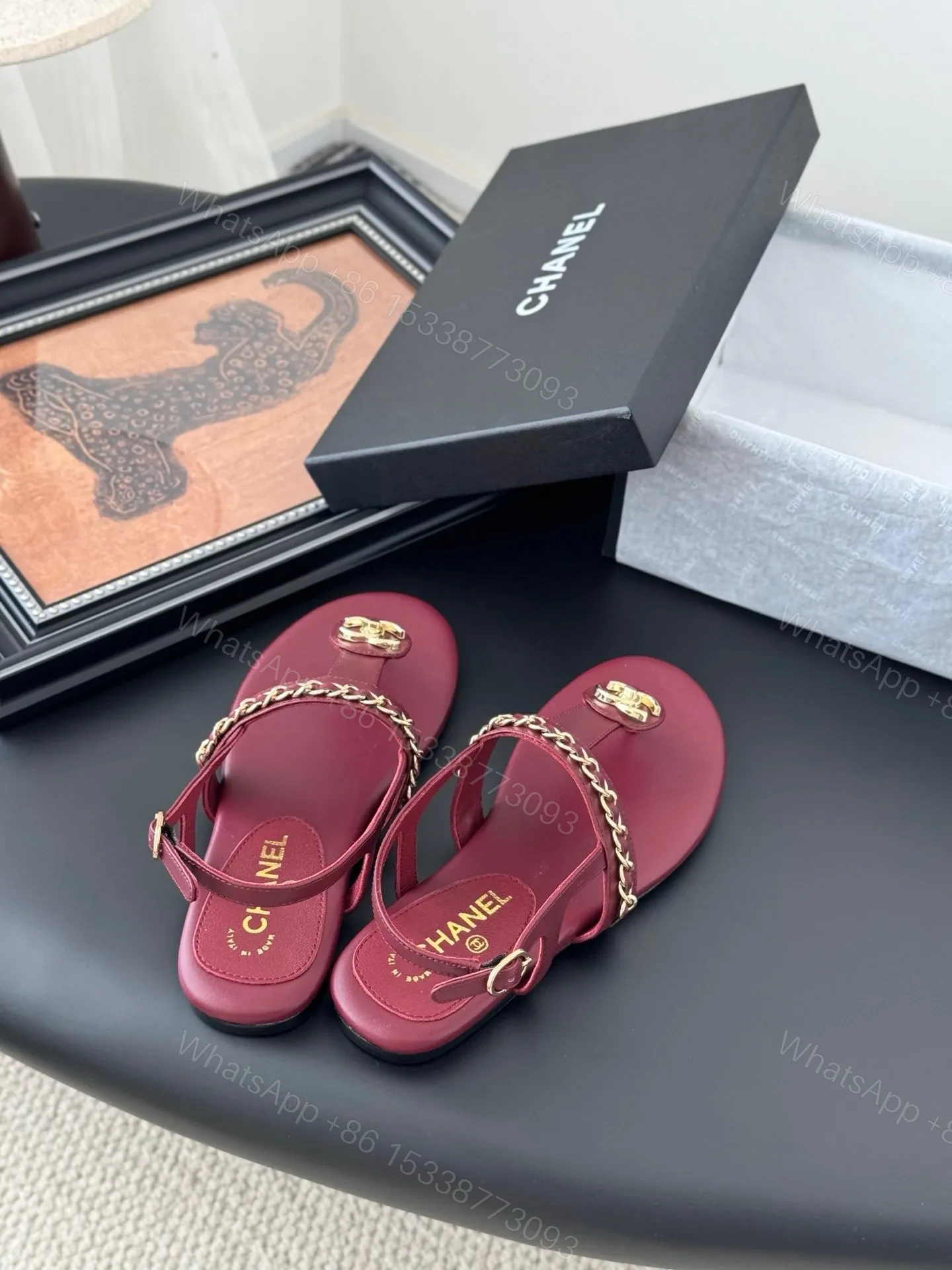 View 5 of Chanel Women Burgundy Leather Sandals
