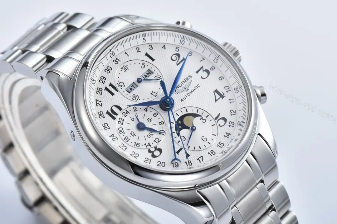 View 4 of Longines Master Collection Moonphase Chronograph Watch Silver Dial Stainless Steel Bracelet Classic Elegant Style