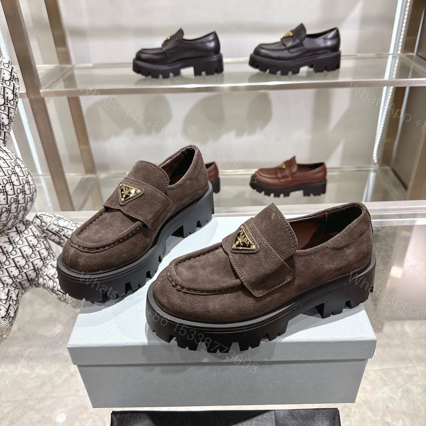 View 5 of Prada Chocolate Suede Loafers Dark Brown