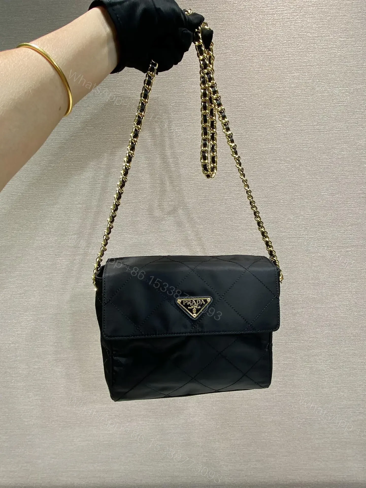 LARGE QUILTED FLAP BAG 23 IN BLACK RE-NYLON FABRIC GOLD CHAIN — view 1