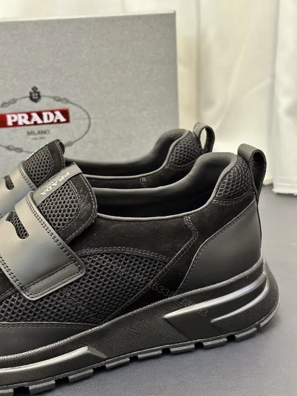 View 5 of Black Mesh Velcro Sneaker, Prada Style, Lightweight Comfort Shoes