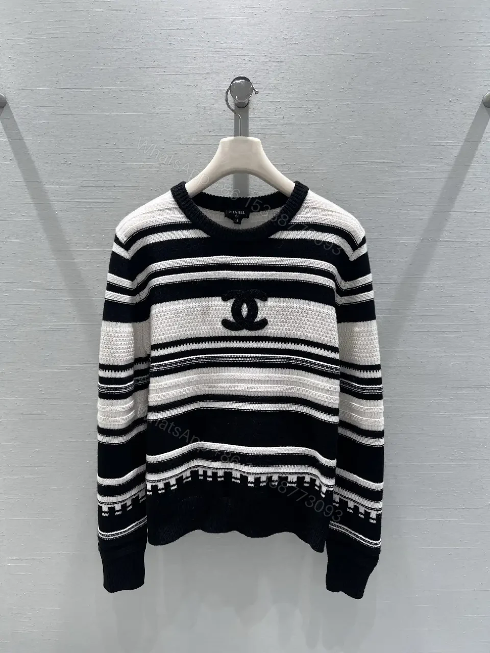 Monochrome Striped Knit Crewneck Sweatshirt: Structured Comfort — view 1