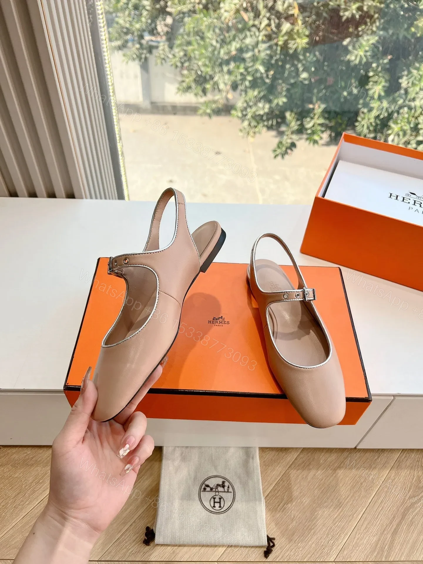 View 5 of Hermes Women Beige Leather Mary Jane Flats