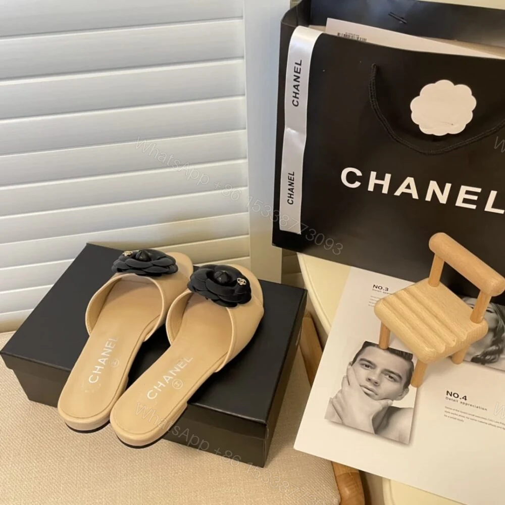 View 4 of Chanel Black Camellia Slides Beige