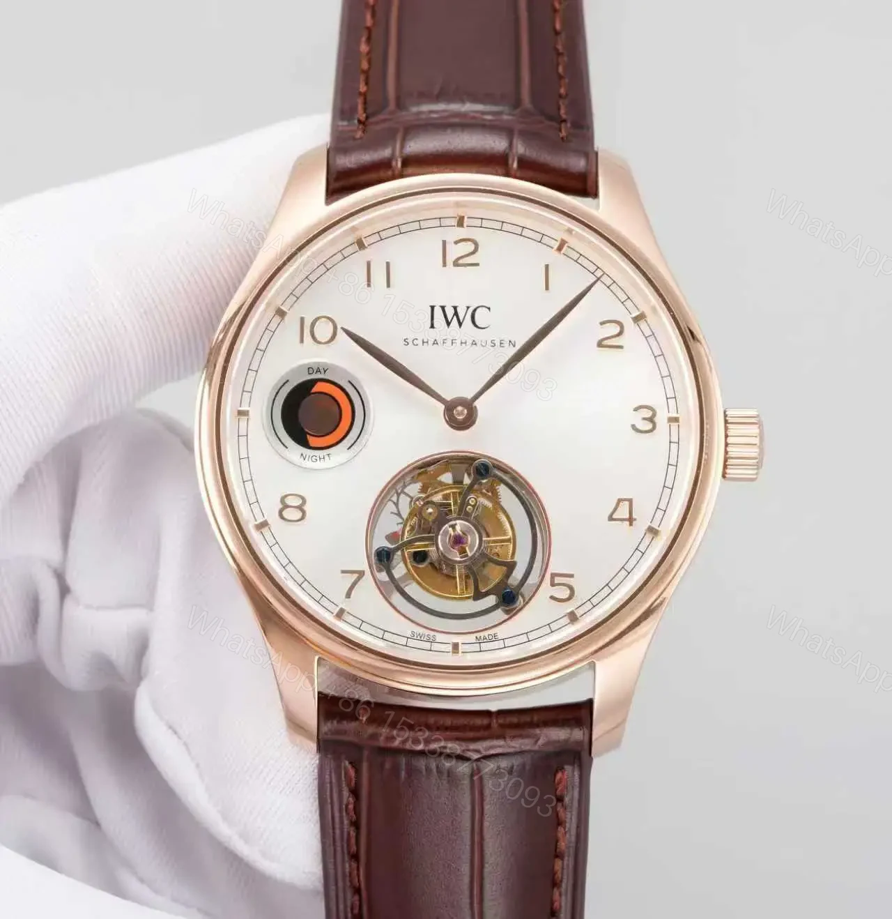 IWC Tourbillon Watch White Dial Rose Gold Leather Strap Ultimate 42MM IWC-TOUR-WHT-RG42-V2 — view 1