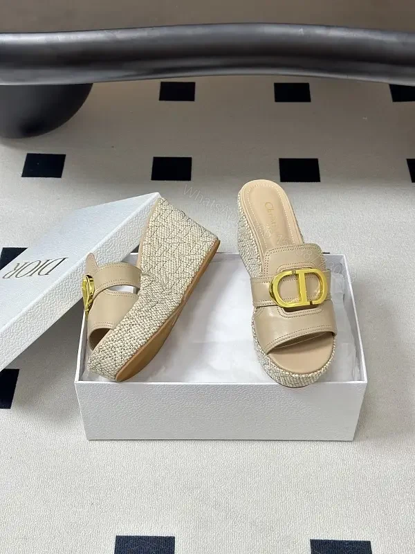 Beige Leather Woven Wedge Sandals Dior-Style Gold Buckle Sandal — view 1