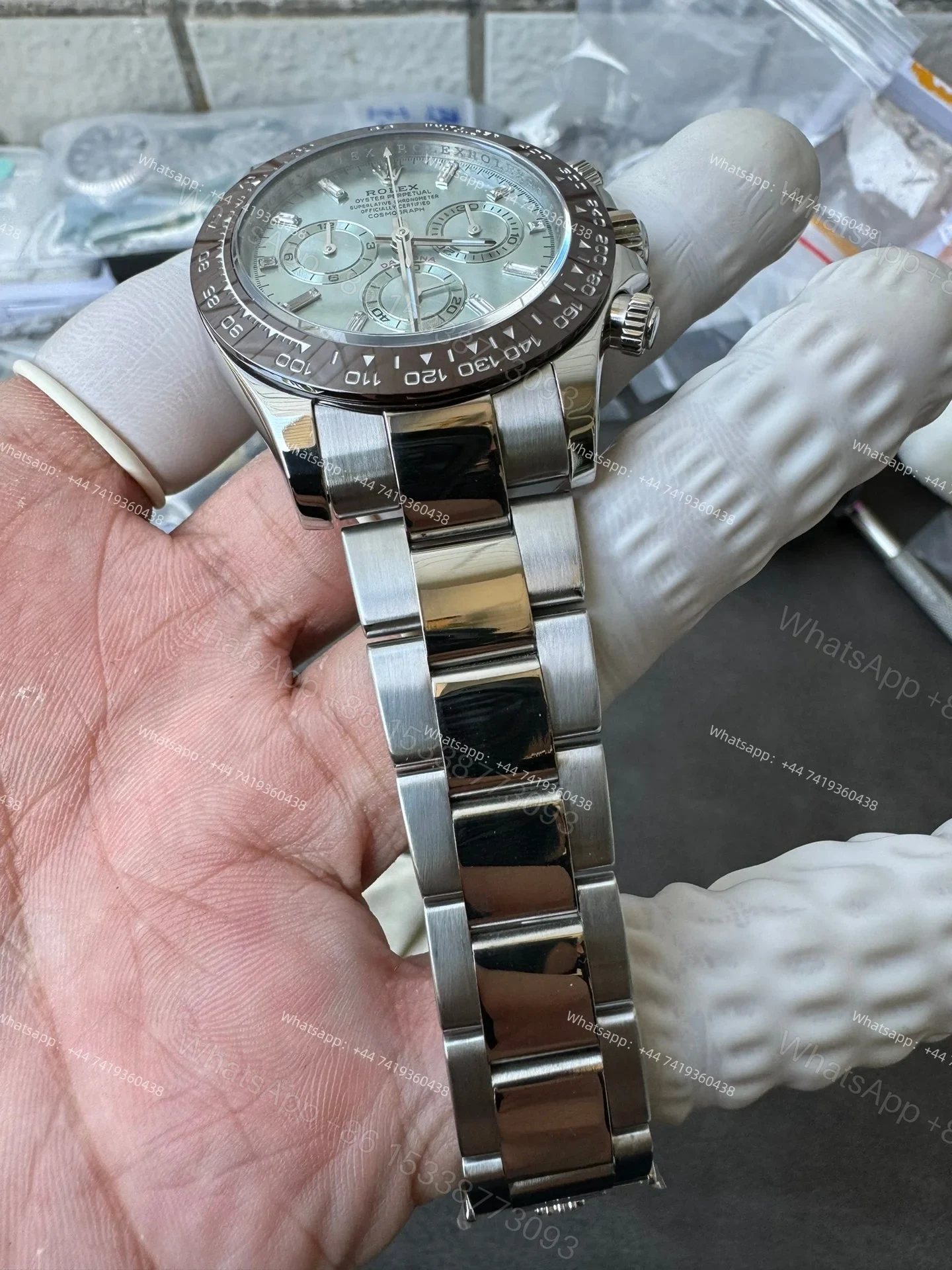 View 14 of Rolex Daytona M116506-0002 Ice Blue Dial 1:1 Replica Watch – Platinum Tone Super Clone 4130