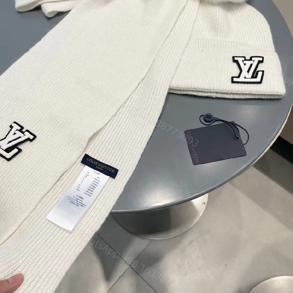 View 2 of White Knit Beanie & Scarf Set - Plush Warmth, Subtle Logo