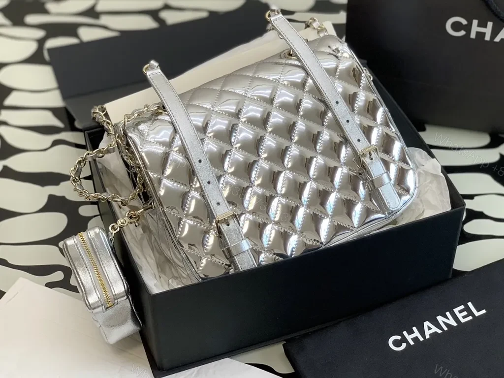 View 6 of Shimmer Quilted Chain Bag â€“ Silver Metallic, Luxe Chanel-Inspired Style