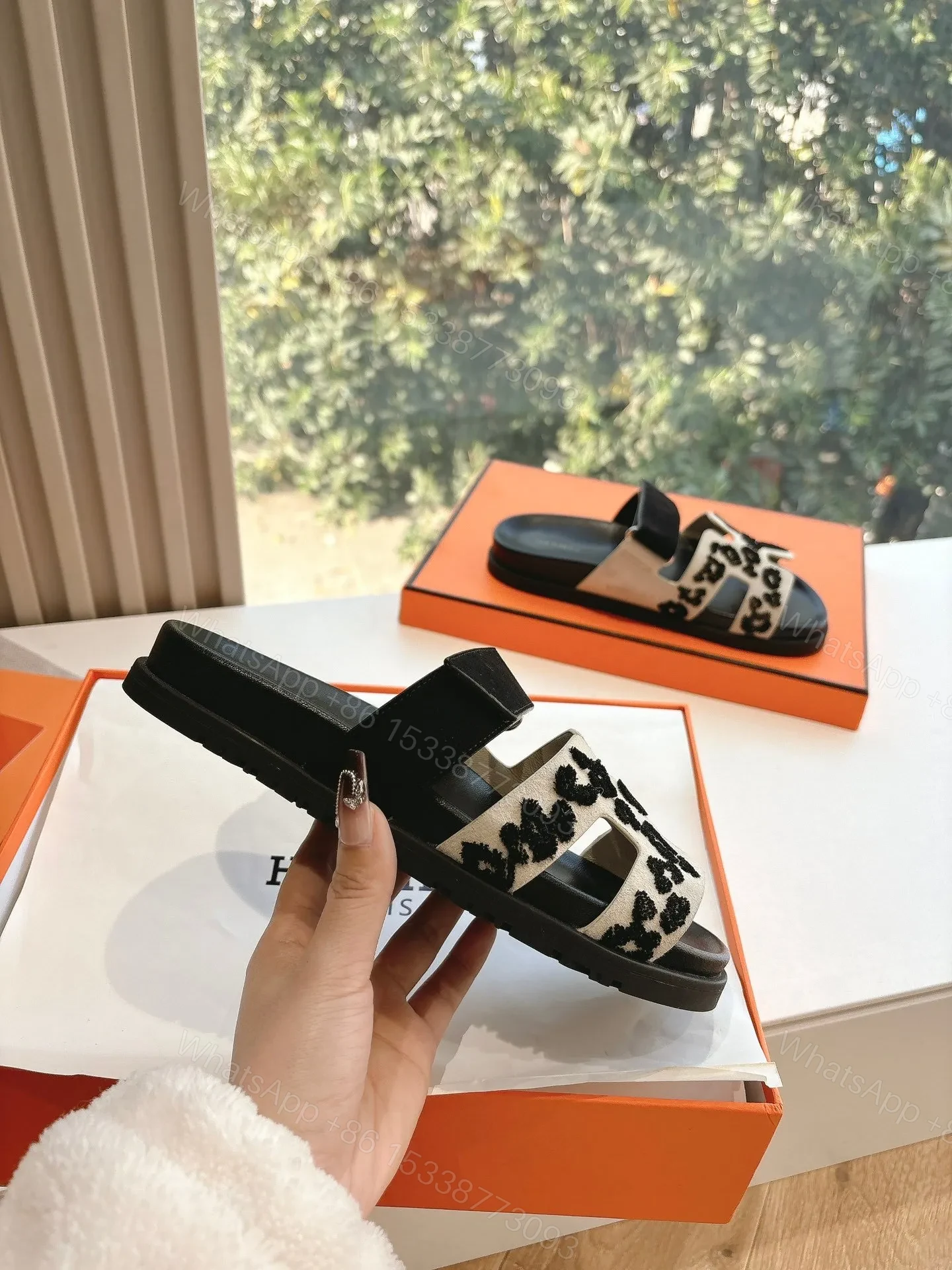 View 6 of Hermes Women Black Suede And Leopard Print Sandals