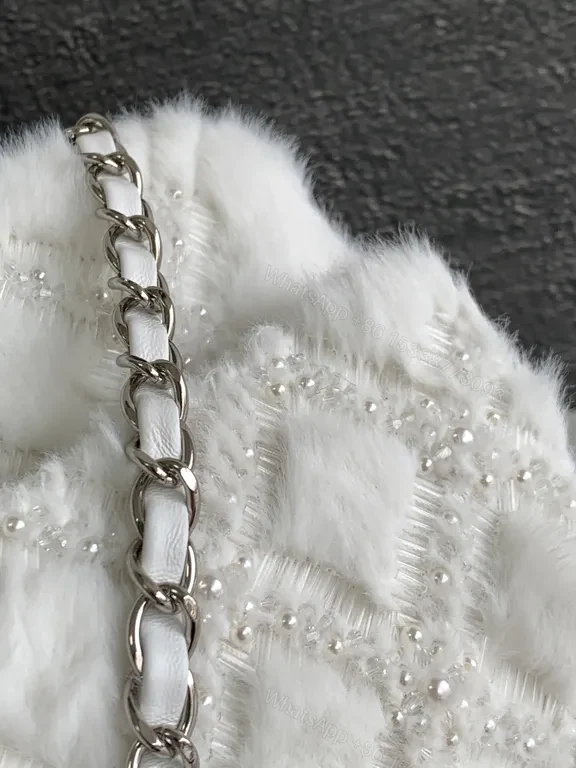 View 8 of White Faux-Fur Diamond Wallet Bag: Luxe, Structured, Signature Charm