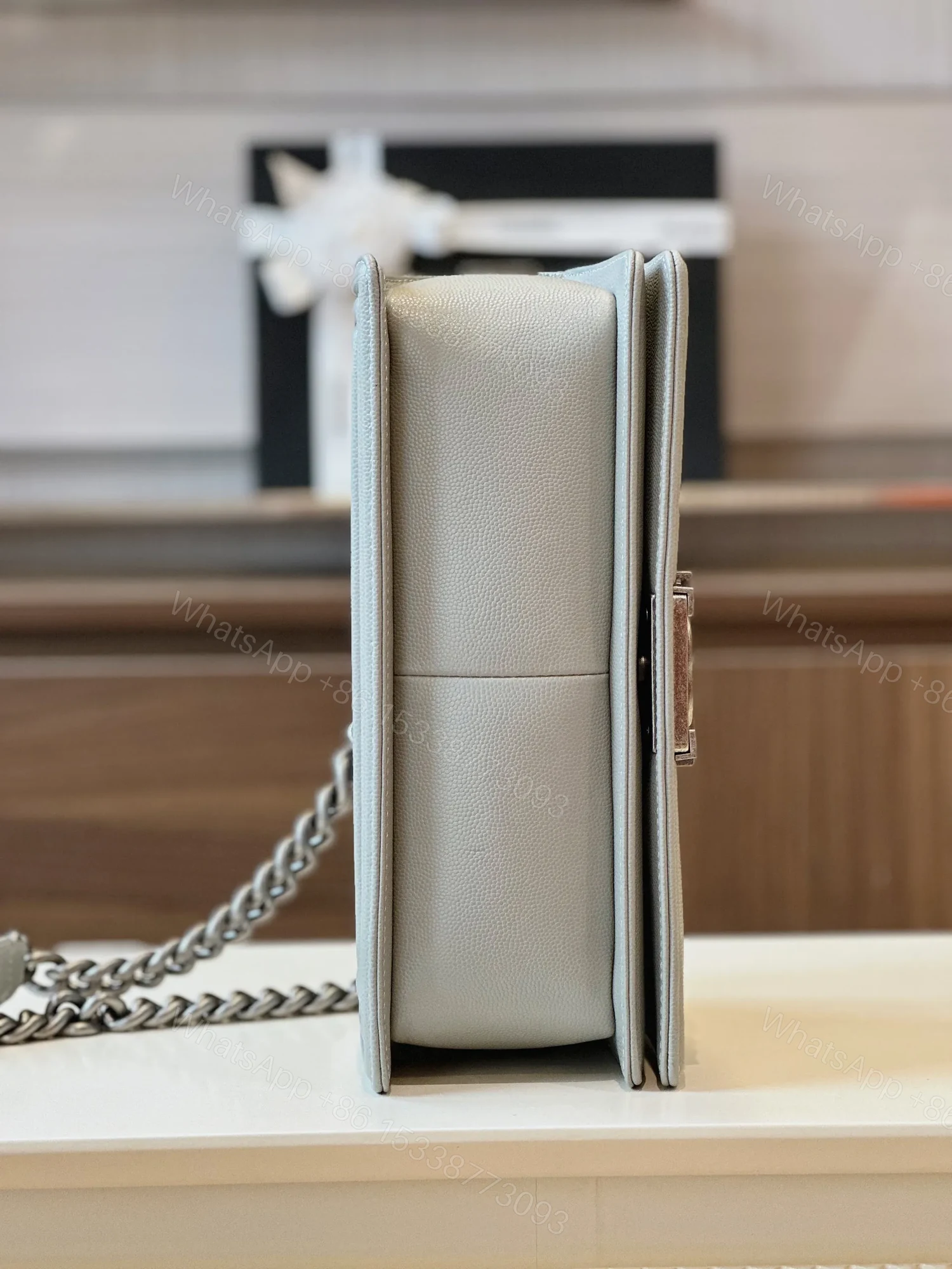 View 3 of Chanel Boy Medium Handbags Grey Leather With Silver Lock 25cm