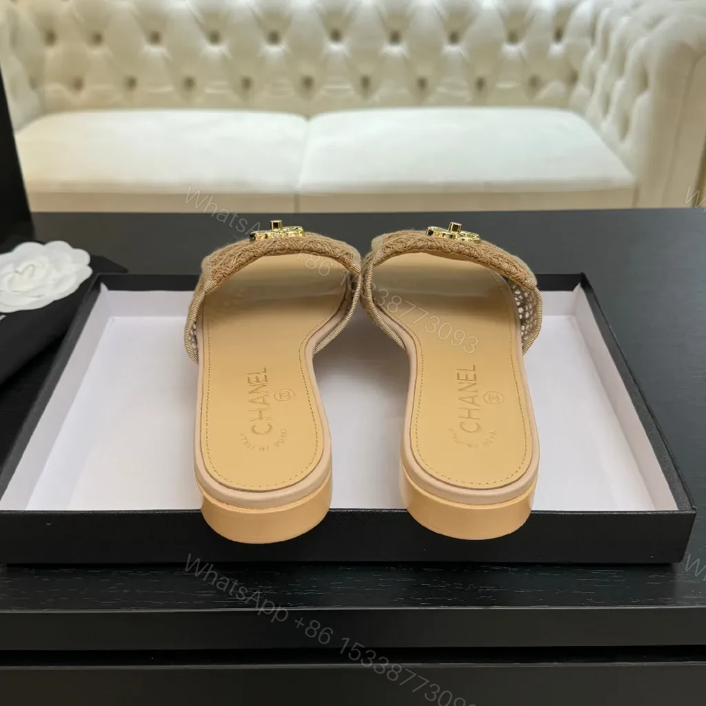 View 5 of Beige Textured Slides with Gold Logo Luxury Comfort