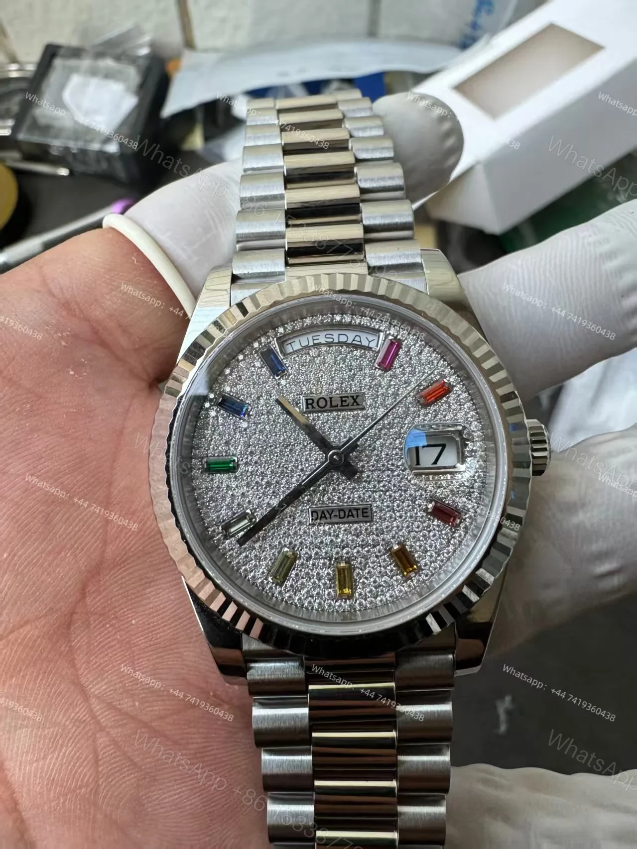 View 5 of Rolex Day-Date M128239-0019 1:1 Replica Moissanite Rainbow Diamond Dial 36MM 3255 Movement Presidential Bracelet Super Clone Watch