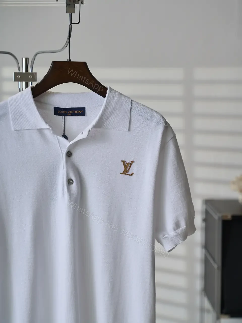 View 7 of White Cotton Polo with Monogram Logo Embroidery