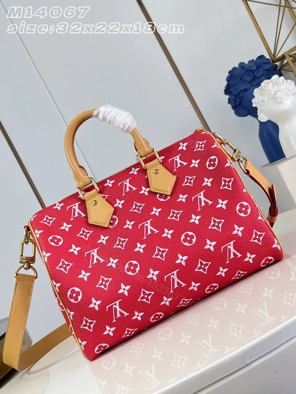 View 8 of Red Monogram-Pattern Leather Tote Bag with Tan Accents and Top Handles