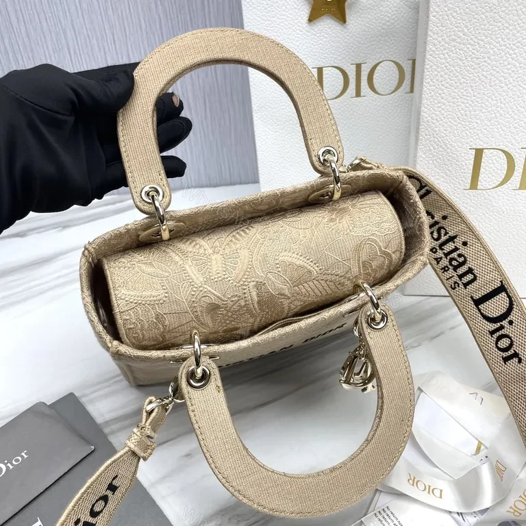 View 7 of Beige Lace-Textured Mini Bag with Monogram, Luxury Chic