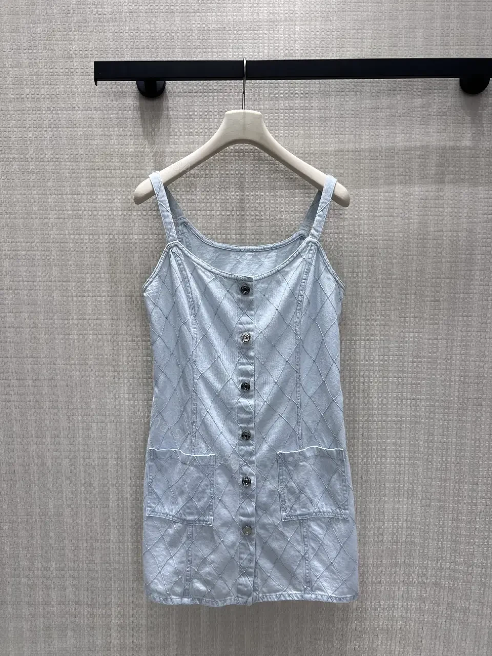 View 9 of Light blue quilted denim dress with diamond pattern, button-front, premium everyday luxury